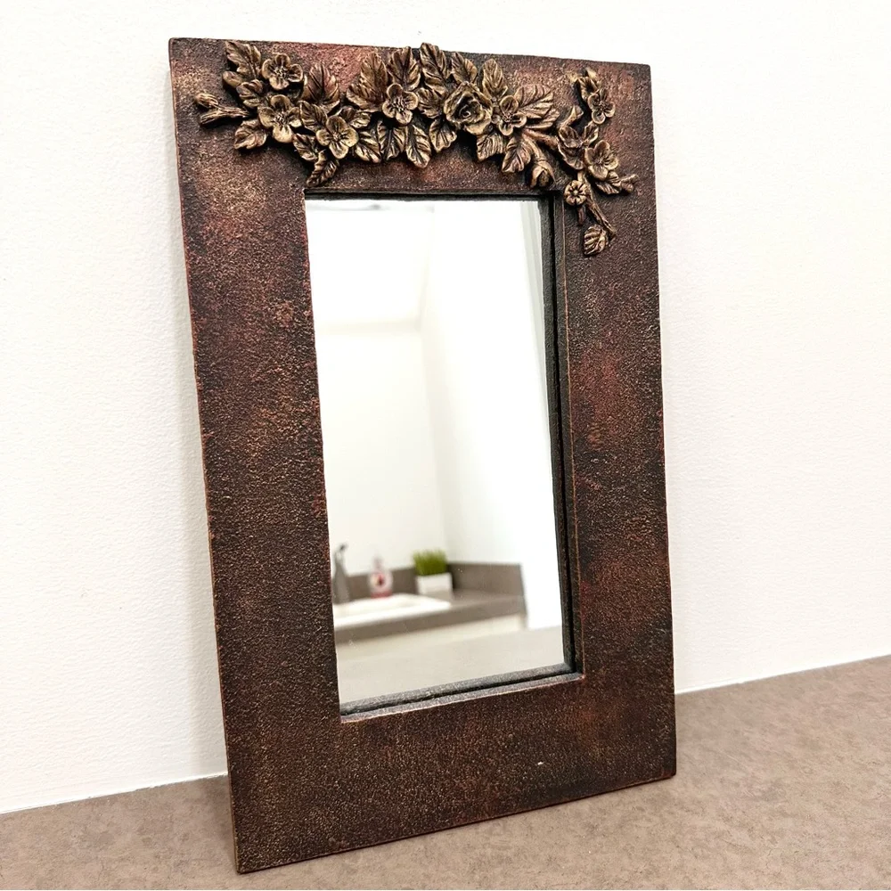 Vintage Rustic Bronze Floral Accent Wall Mirror 9 X 14” Framed Forged Flowers